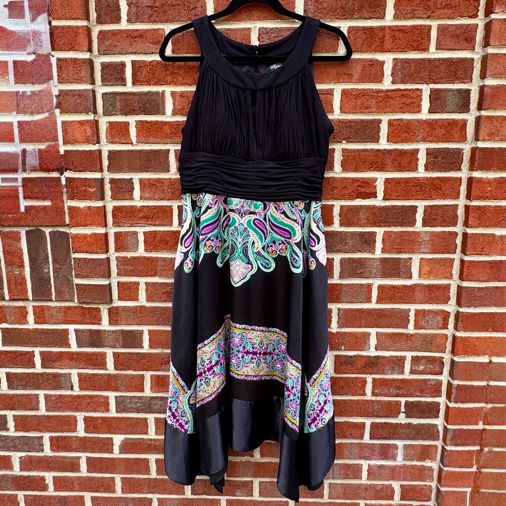 Signature by Sangria Dress Womens Sz 16 Black Paisley Print Handkerchief Hem
